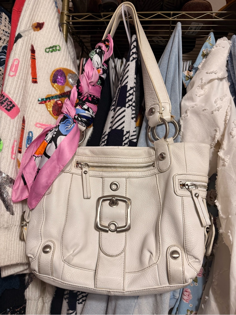 b. makowsky White Leather Shoulder Bag with Silver Hardware
